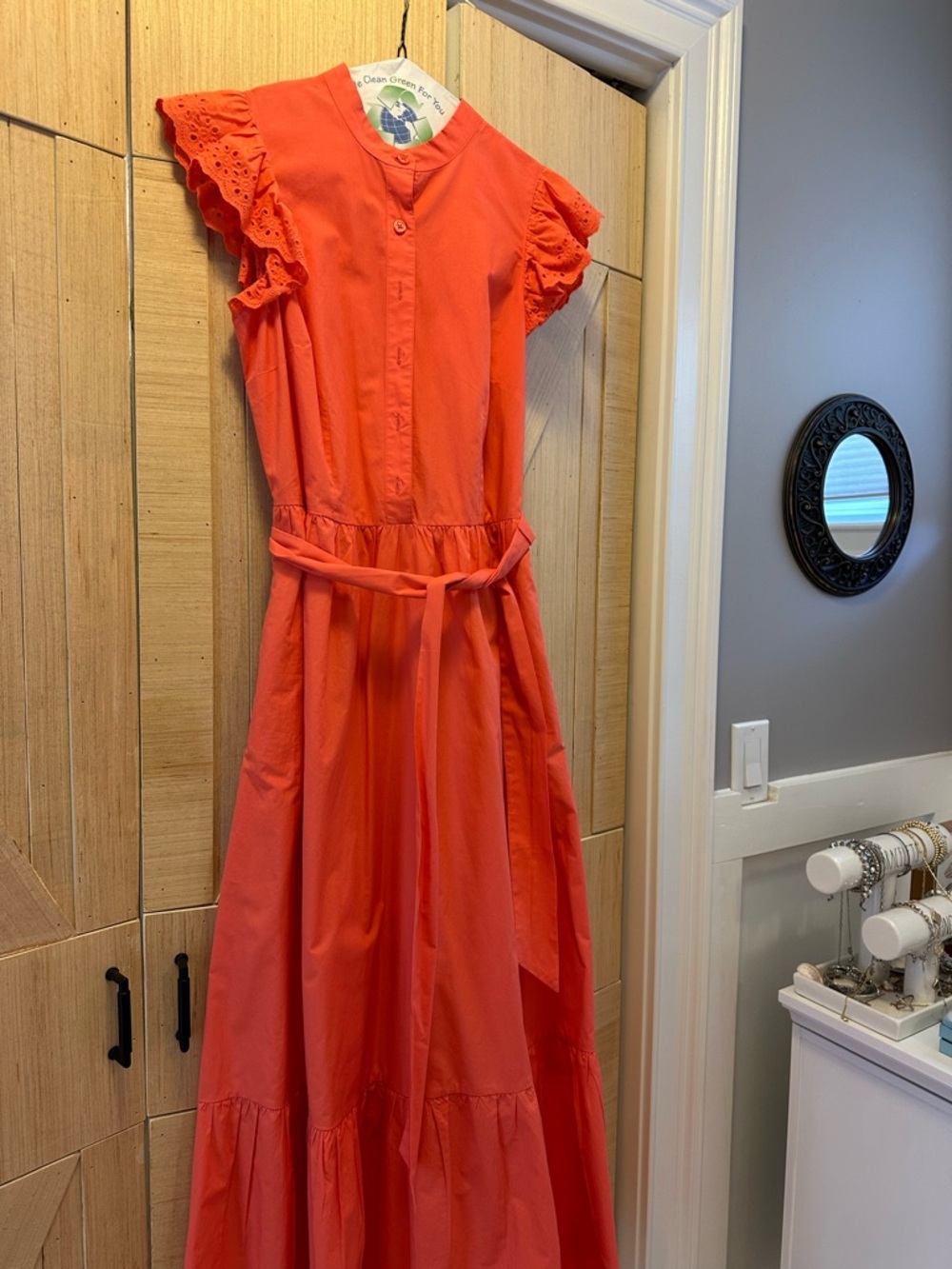 Bright Coral Ruffle Sleeve Button-Front Dress with belt size XS